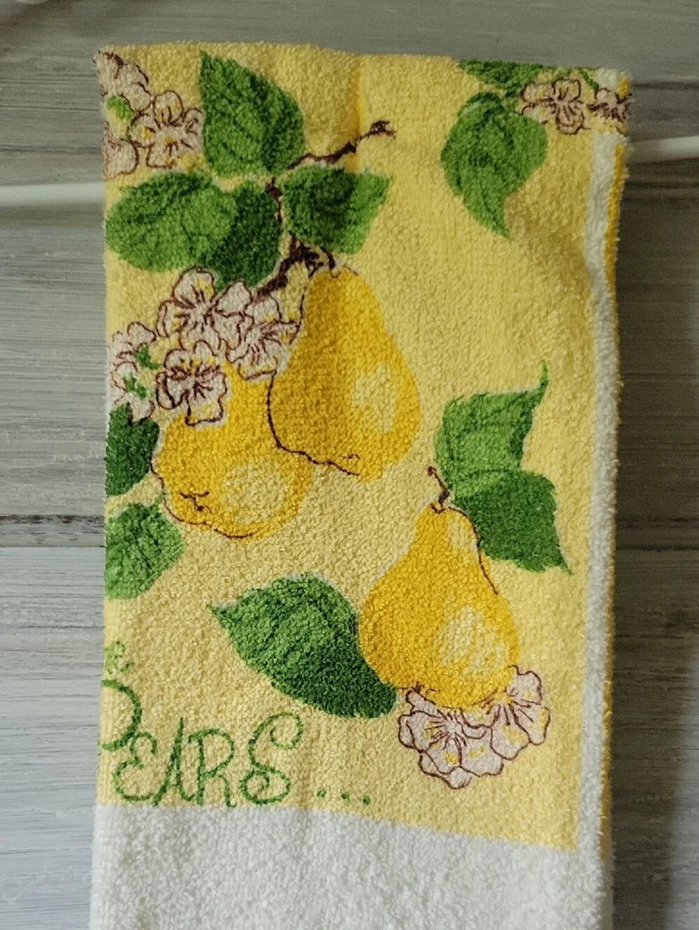 Vintage 1970s Zayre Terry Cloth Kitchen Towel  Fringed Yellow Apples Pears Retro